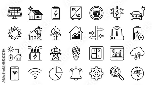 Set of thin line icons for smart energy and renewable power systems