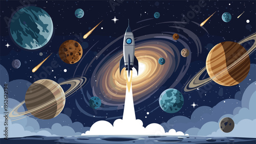 Rocket ship launches from a lunar surface into a vibrant space filled with colorful planets, stars, and a swirling galaxy.