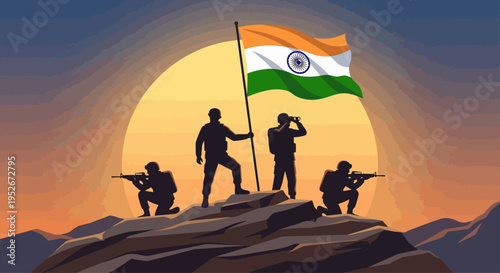 Soldiers standing on a mountain peak waving the national flag during sunset