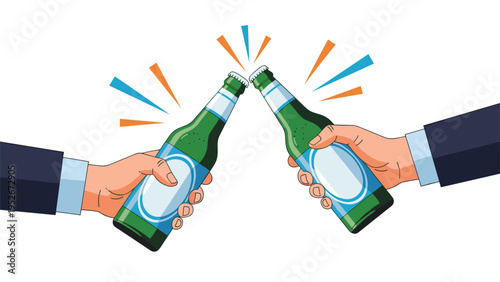 Two people in suits clink green beer bottles together in a celebratory toast with colorful graphic sparks in the background.