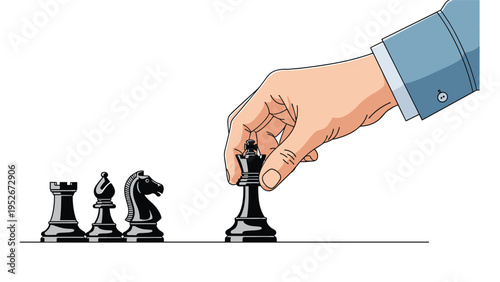 Hand in a blue shirt sleeve moves a black king chess piece on a board alongside a rook, bishop, and knight in a strategic game.