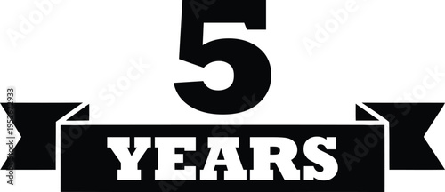Black bold number five with a ribbon below displaying the word years on a white background