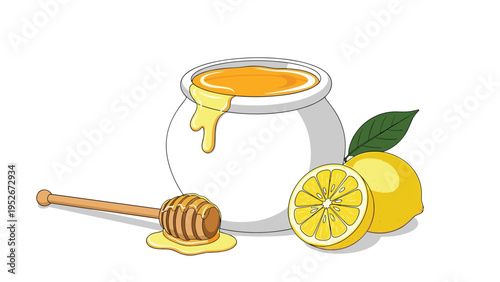 Ceramic pot filled with golden honey sits next to a wooden dipper and two fresh lemons with green leaves on a white background.