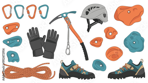 Professional rock climbing and mountaineering equipment set includes an ice axe, helmet, carabiners, shoes, rope, and gloves.