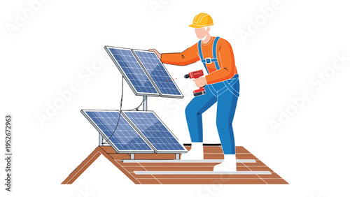 Solar Panel Installation: A technician meticulously installs solar panels on a rooftop, symbolizing the commitment to clean, renewable energy. The scene conveys dedication and innovation.