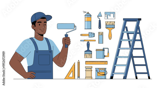 Professional painter in blue overalls holds a paint roller surrounded by equipment including brushes, spray cans, and a ladder.