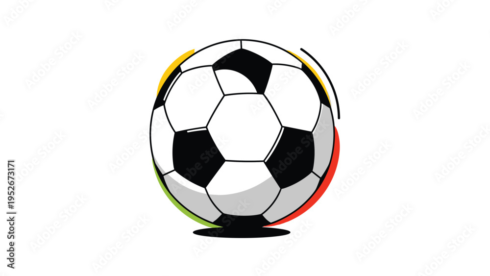 Fototapeta premium Classic black and white soccer ball is shown with vibrant yellow, green, and red abstract circular splashes on white.