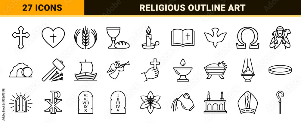 Obraz premium Christian Religion Technical Monoline Symbols for Church Branding and Spiritual Graphics Featuring Minimalist Black Outlines on White