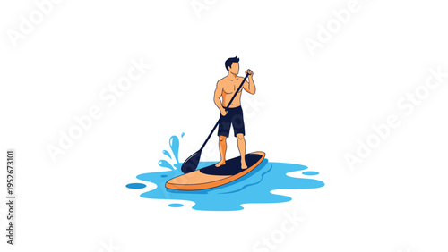 Fit man wearing dark swim trunks paddles a stand up paddle board through blue water with a long black oar on white background.