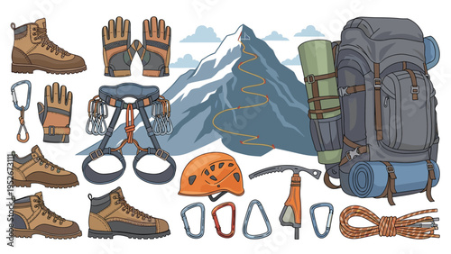 Comprehensive mountaineering gear set features hiking boots, a large backpack, harness, helmet, rope, ice axe, and carabiners.