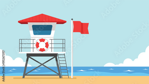 White lifeguard tower with a red roof and a lifebuoy stands on a sandy beach next to a pole with a red warning flag.