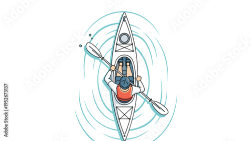 Individual wearing a life vest paddles a white kayak through rippling blue water in a top-down perspective showing the oar.