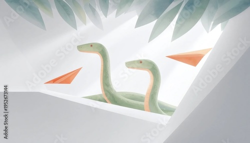 Two cartoon snakes with orange shapes in a bright, abstract, and minimalist style