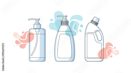Set of various cleaning product containers including pump soap dispensers and a detergent bottle with abstract splashes.