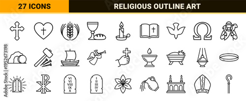 Christian Religion Technical Monoline Symbols for Church Branding and Spiritual Graphics Featuring Minimalist Black Outlines on White