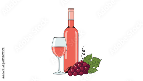 Elegant still life featuring a bottle of rose wine next to a filled wine glass and a bunch of red grapes with a green leaf on a white background.