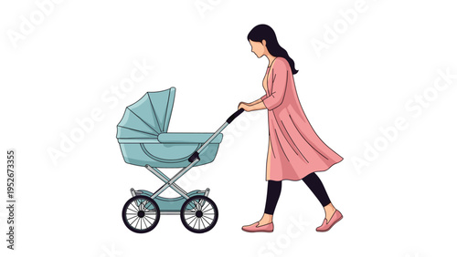 Motherhood concept featuring a woman in a pink dress pushing a modern light blue baby stroller while walking against a plain white background.