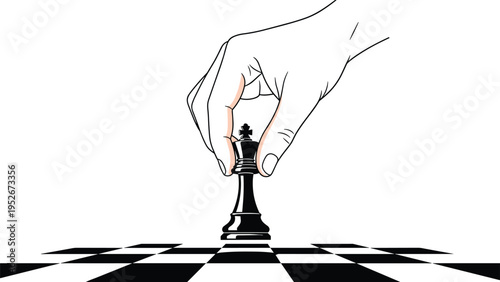 Strategic move in a chess game showing a human hand lifting the black king piece over a checkered board for competition and leadership concept.