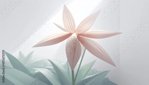 Soft, pastel illustration of a delicate, pink flower with light pouring from above