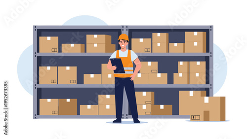 Professional warehouse worker wearing a safety helmet and vest holding a clipboard in front of tall metal shelves stacked with cardboard boxes.