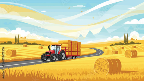 Red agricultural tractor pulling a trailer loaded with hay bales along a winding road through golden fields under a bright blue sky at harvest.