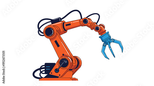 Modern orange industrial robotic arm with a blue mechanical claw designed for precise automated tasks in high-tech manufacturing factories.