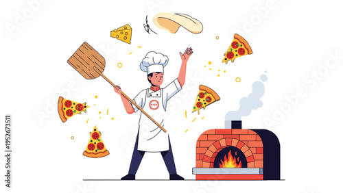 Pizza Artisan's Flair: A chef expertly crafts a delicious pizza, tossing dough and juggling toppings with effortless grace, capturing the essence of culinary skill.