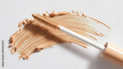 An applicator wand smears liquid foundation on a white surface, showcasing its smooth texture and light beige color.