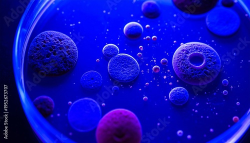 Cellular Microcosm: A captivating shot of abstract cell forms, revealing intricate textures and structures within a scientific petri dish, immersed in an ultramarine glow. 