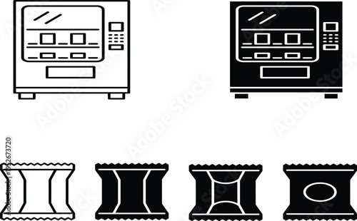 Vending machine and candy wrapper icon set in outline and silhouette style, snack dispenser and sweet packaging vector illustration for retail automation concept