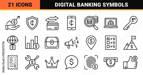 Global Finance Monoline Outline Set for Digital Banking and Currency Exchange featuring 1.25pt Uniform Stroke Weight and Minimalist Visual DNA.