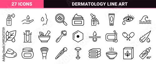 Skincare Dermatology and Cosmetic Product Line Art Symbols Technical Monoline Aesthetic for Medical Beauty Packaging and Interface Design