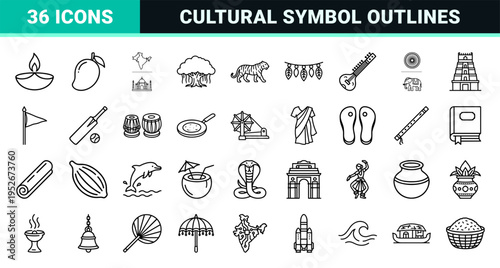 Indian National Identity and Geography Monoline Symbols featuring Minimalist Landmark Outlines and Cultural Elements for Technical Layouts.