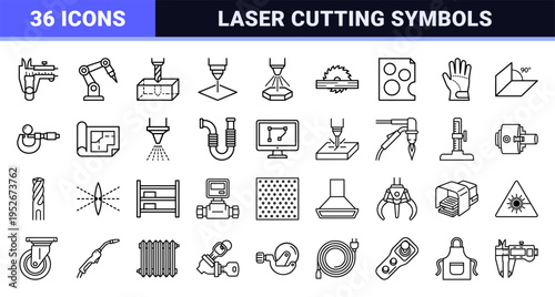 Industrial Laser Cutting and CNC Fabrication Line Art Symbols Featuring Technical Monoline Aesthetic for Manufacturing and Engineering Design