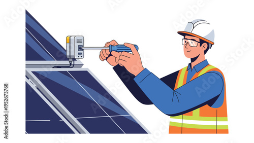 Solar Panel Technician at Work: An expert technician meticulously installs a component on a sleek solar panel, demonstrating the promise of clean, sustainable energy