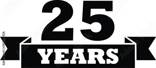 Bold black twenty five numerical text is displayed above a ribbon featuring the word years