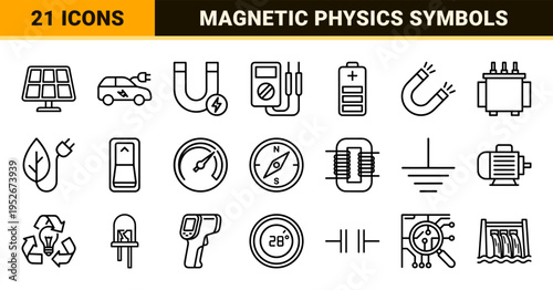 Industrial Electromagnetism and Power Supply Monoline Icon Set featuring Magnetic Fields, Electrical Circuits, and Sustainable Energy Symbols.