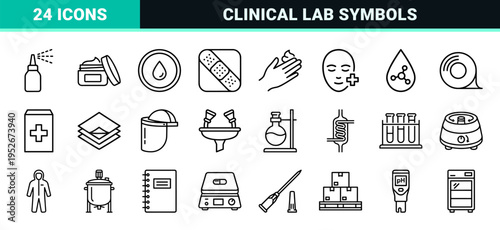 Medical Dermatology and Pharmaceutical Laboratory Monoline Outline Symbols for Clinical Topical Treatments and Healthcare Manufacturing Research