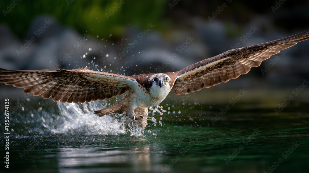 Obraz premium AI generator images of osprey, also known as the fish hawk, is a large bird of prey that primarily feeds on fish. It swoops down to catch fish using the talons of both feet.