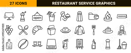 Hospitality Service Monoline Symbols featuring Minimalist Restaurant Staff and Dining Equipment in a Sophisticated Technical Outline Aesthetic