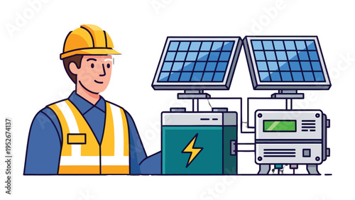 Eco-Friendly Power: A skilled engineer, symbolizing innovation and responsibility, stands beside a solar power setup, championing the cause of clean, renewable energy for a sustainable future.