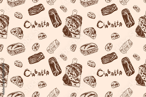 Tableau sur toile Italian ciabatta seamless pattern with lettering in doodle outline style
