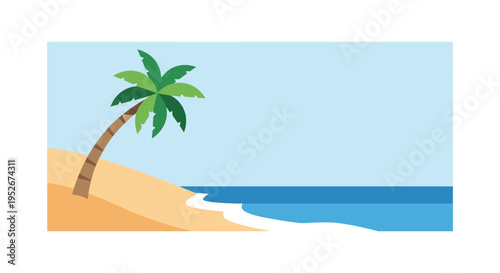 Palm tree on sandy beach in serene tropical setting with clear blue sky and ocean in sunny daytime for travel brochure