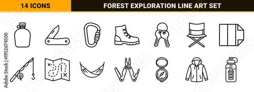 Outdoor Camping and Wilderness Adventure Monoline Outline Symbols Featuring Minimalist Gear and Forest Exploration Equipment for Technical Design