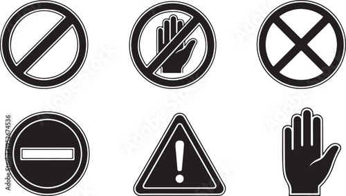 Collection of six black and white warning and prohibition signs on a white background