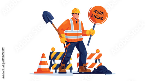 Work Ahead: Construction worker holding a shovel and a work ahead sign near barricades, symbolizing infrastructure work and progress.