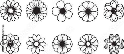 A collection of ten unique black and white flower line drawings with varying petal counts and arrangements
