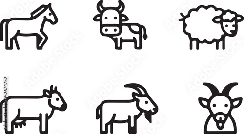 A black and white illustration of six farm animals in simple line art style