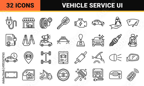 Automotive Dealership and Vehicle Service Linear Symbols Featuring Technical Monoline Design for Commercial Car Sales and Repair Management.
