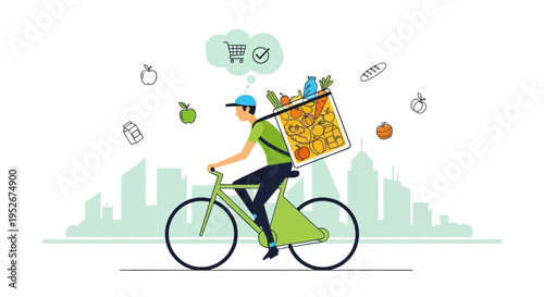 Man Delivery Person Riding Bicycle with Groceries Basket in Urban Cityscape, concept of fast and sustainable food delivery.